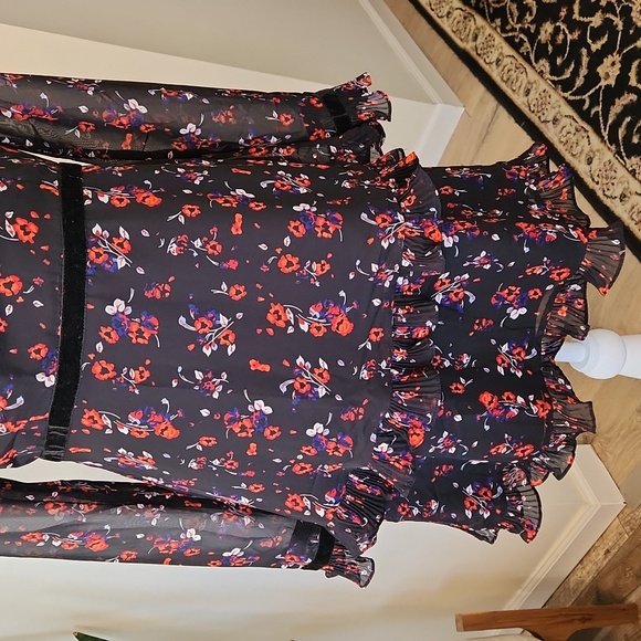 Lulus Dress Floral Black Long Sleeve Mini Sheer Pleated Ruffle A Line Sz M - Picture 5 of 16